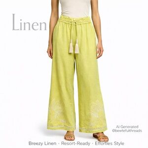 Lemon Lime Linen Resort Pants Embroidered Wide Leg Coastal Vacation Boho Chic